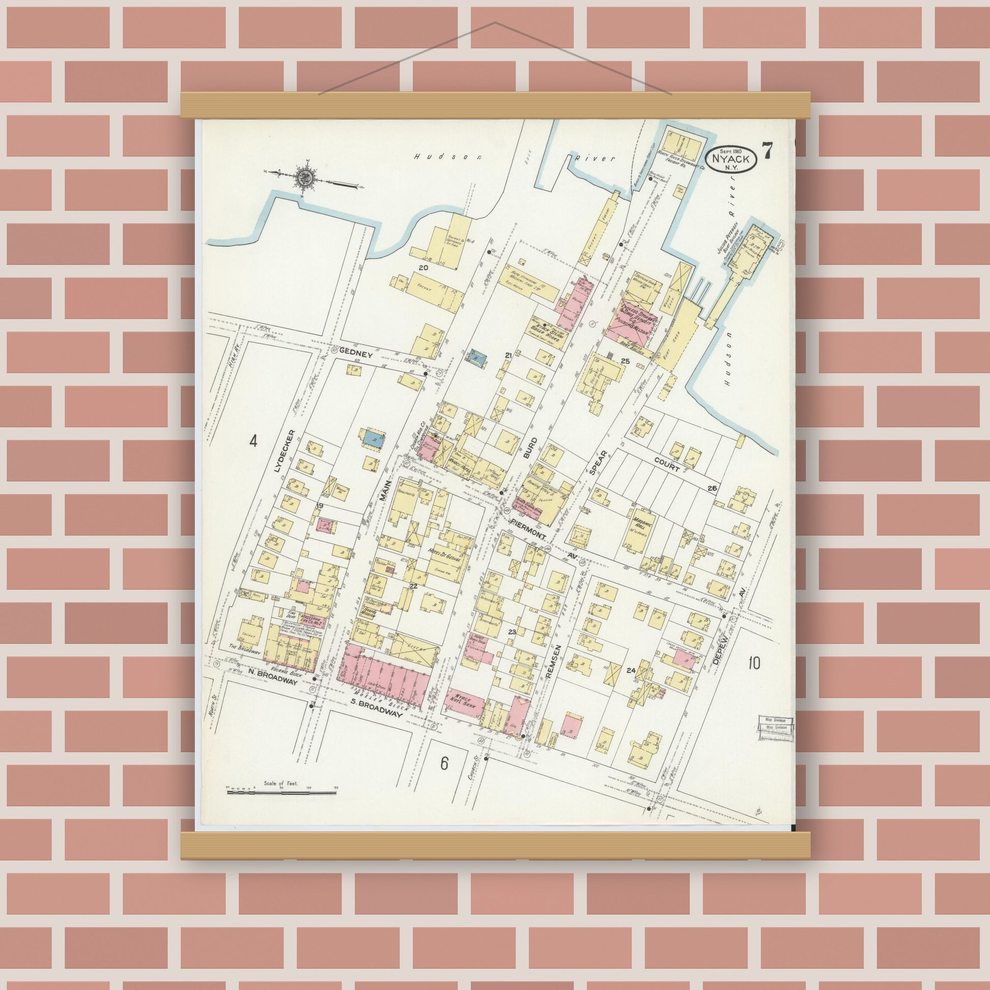 Old map wall art mockup — magnetic wood frame on brick wall — Sanborn Fire Insurance Map from Nyack, Rockland County, New York. (1910), Sheet #0007