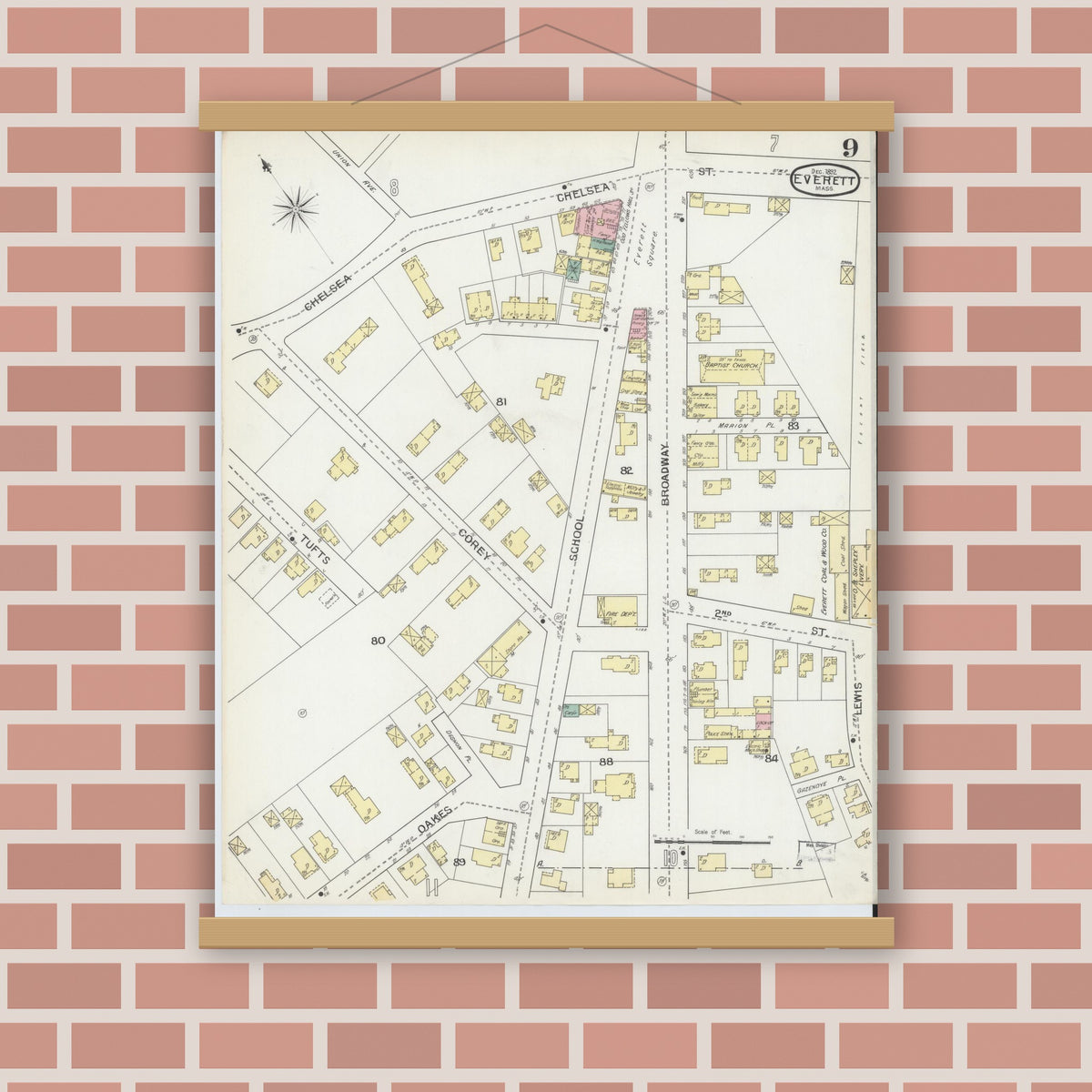 Old map wall art mockup — magnetic wood frame on brick wall — Sanborn Fire Insurance Map from Everett, Middlesex County, Massachusetts (1892), Sheet #0009