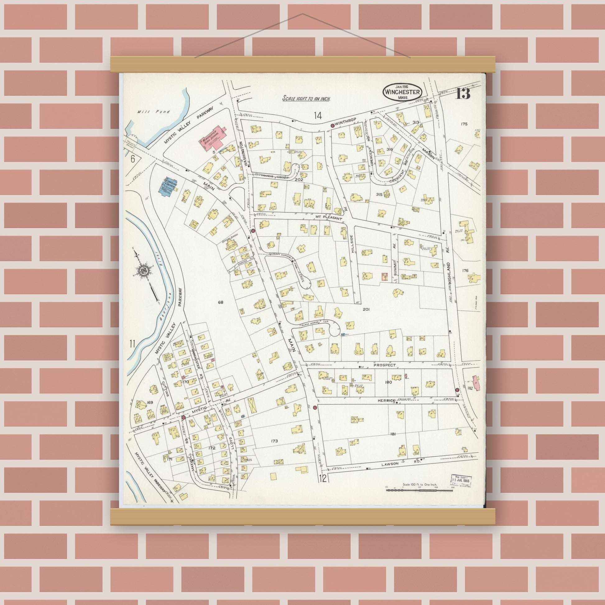 Old map wall art mockup — magnetic wood frame on brick wall — Sanborn Fire Insurance Map from Winchester, Middlesex County, Massachusetts (1916), Sheet #0013