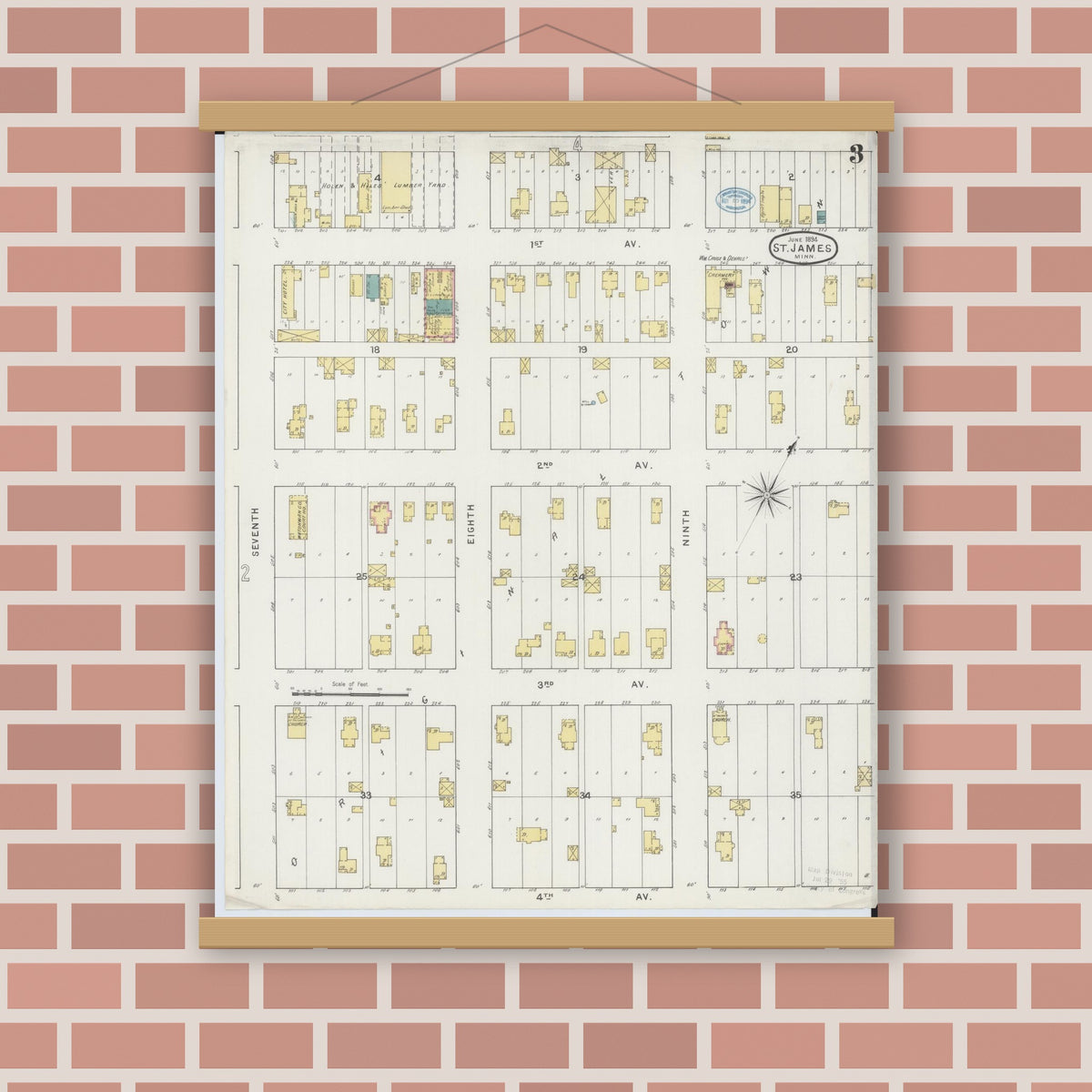 Old map wall art mockup — magnetic wood frame on brick wall — Sanborn Fire Insurance Map from Saint James, Watonwan County, Minnesota (1894), Sheet #0003