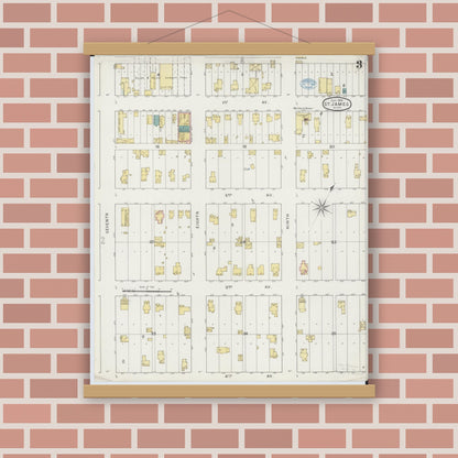 Old map wall art mockup — magnetic wood frame on brick wall — Sanborn Fire Insurance Map from Saint James, Watonwan County, Minnesota (1894), Sheet #0003