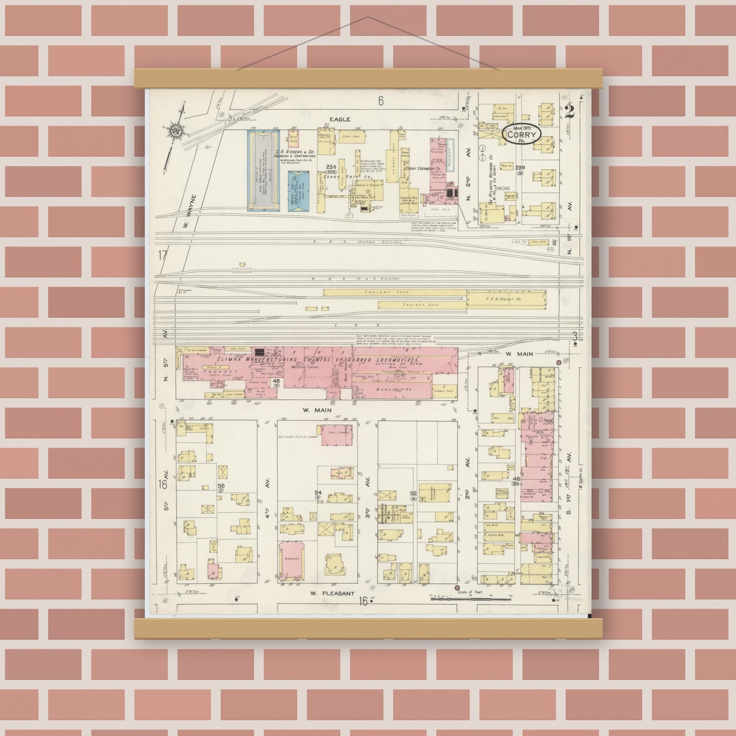 Old map wall art mockup — magnetic wood frame on brick wall — Sanborn Fire Insurance Map from Corry, Erie County, Pennsylvania (1915), Sheet #0002