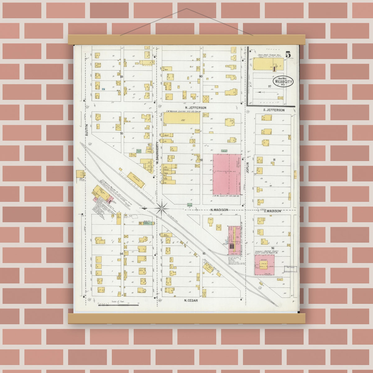 Old map wall art mockup — magnetic wood frame on brick wall — Sanborn Fire Insurance Map from Webb City, Jasper County, Missouri (1900), Sheet #0005