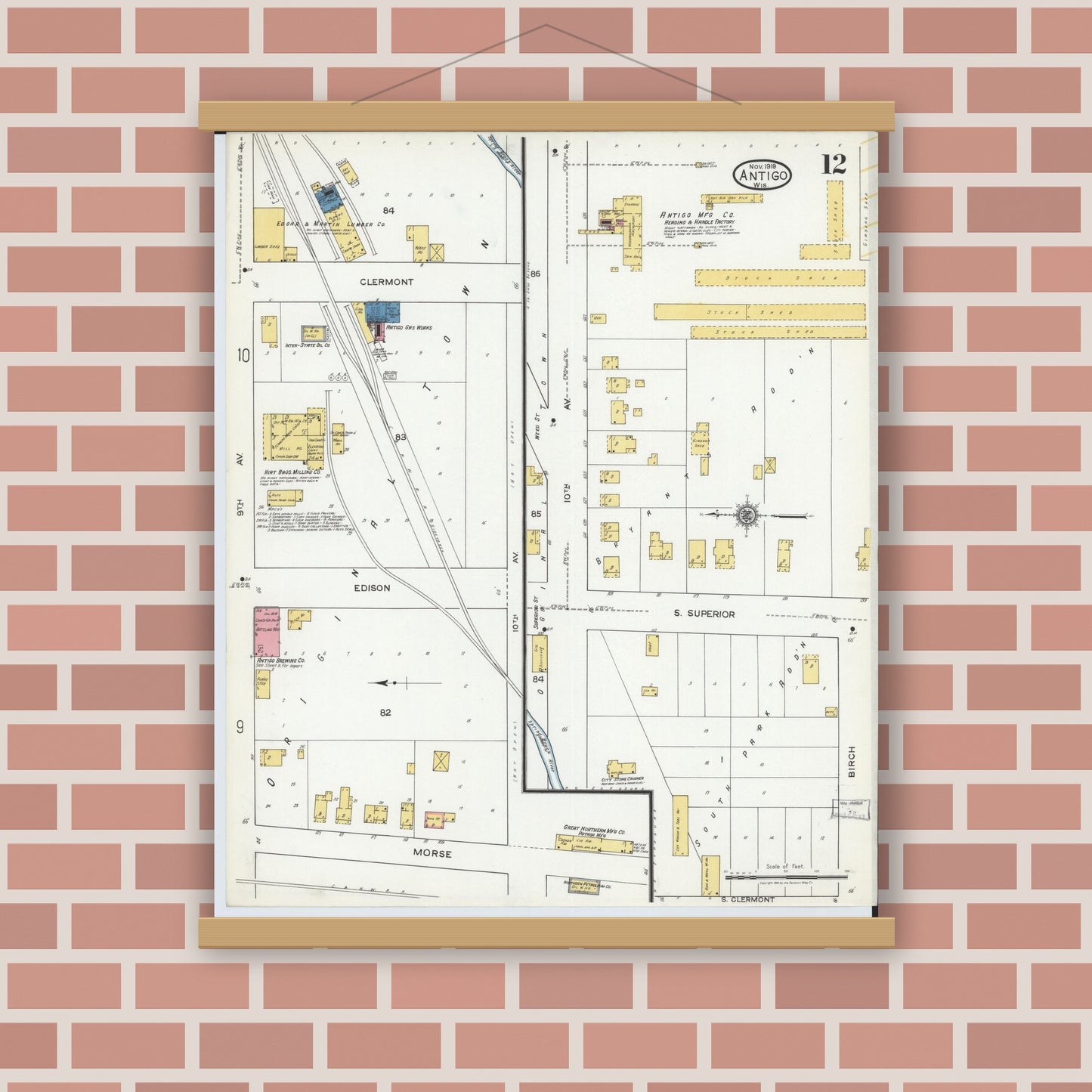 Old map wall art mockup — magnetic wood frame on brick wall — Sanborn Fire Insurance Map from Antigo, Langlade County, Wisconsin (1919), Sheet #0012