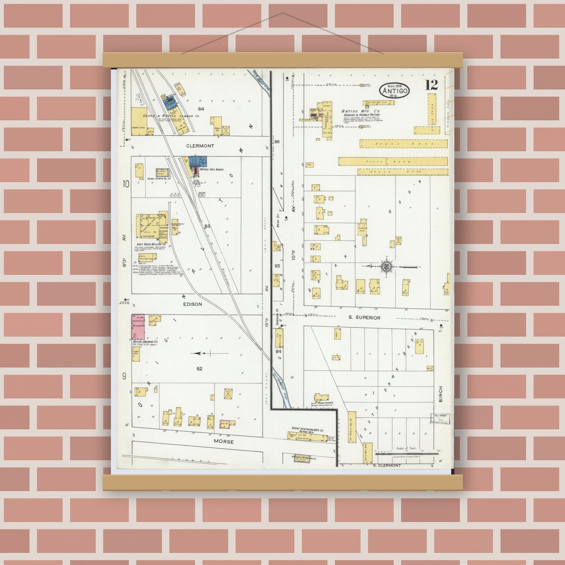 Old map wall art mockup — magnetic wood frame on brick wall — Sanborn Fire Insurance Map from Antigo, Langlade County, Wisconsin (1919), Sheet #0012