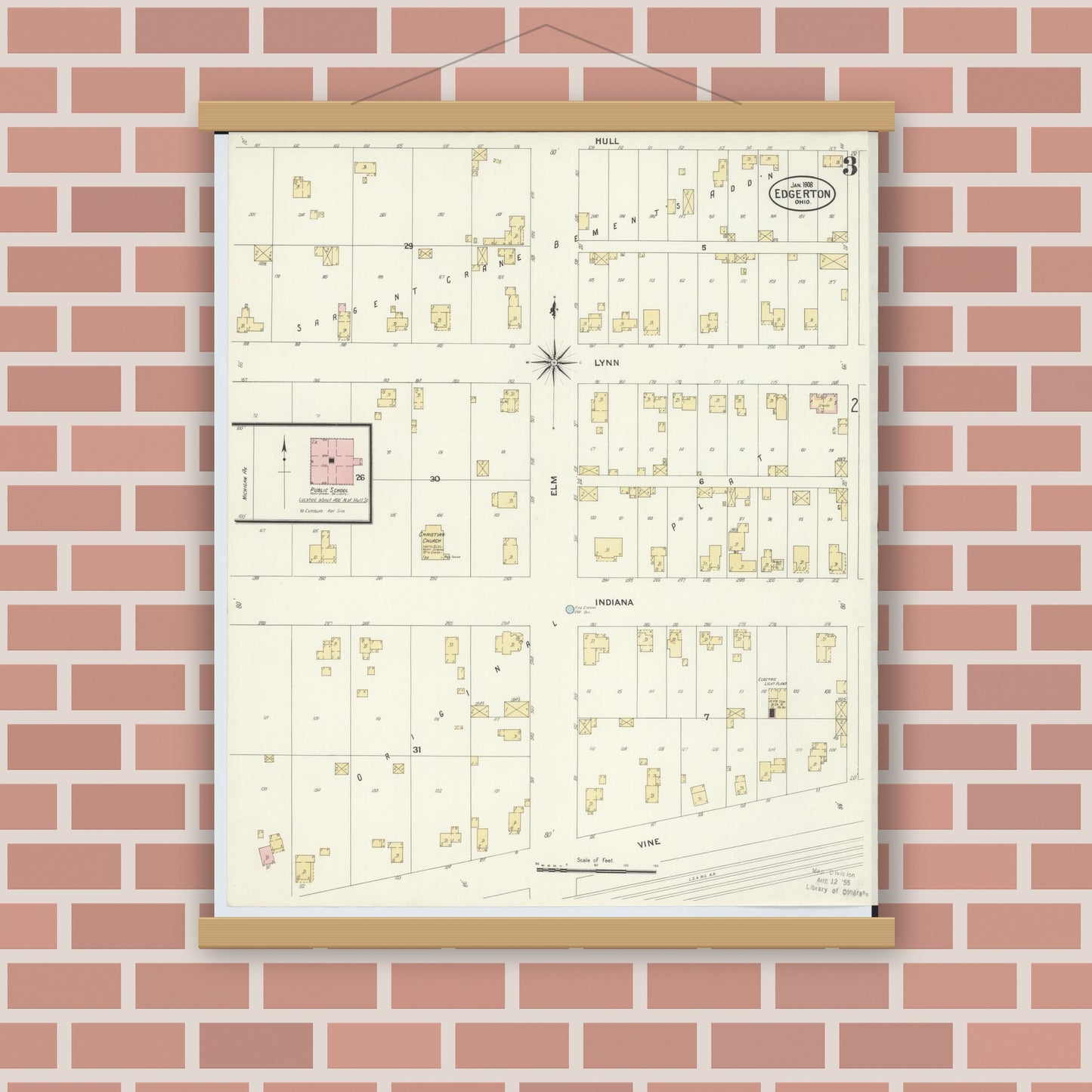 Old map wall art mockup — magnetic wood frame on brick wall — Sanborn Fire Insurance Map from Edgerton, Williams County, Ohio (1908), Sheet #0003