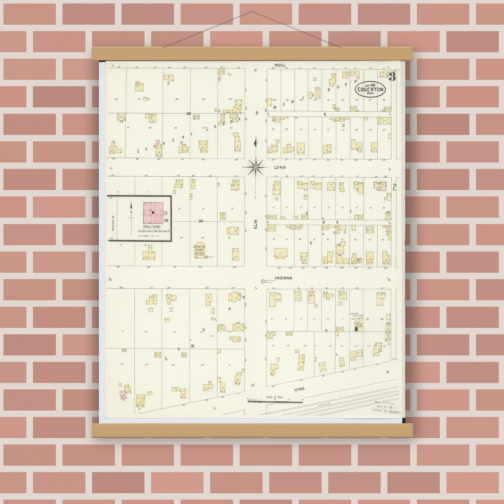 Old map wall art mockup — magnetic wood frame on brick wall — Sanborn Fire Insurance Map from Edgerton, Williams County, Ohio (1908), Sheet #0003
