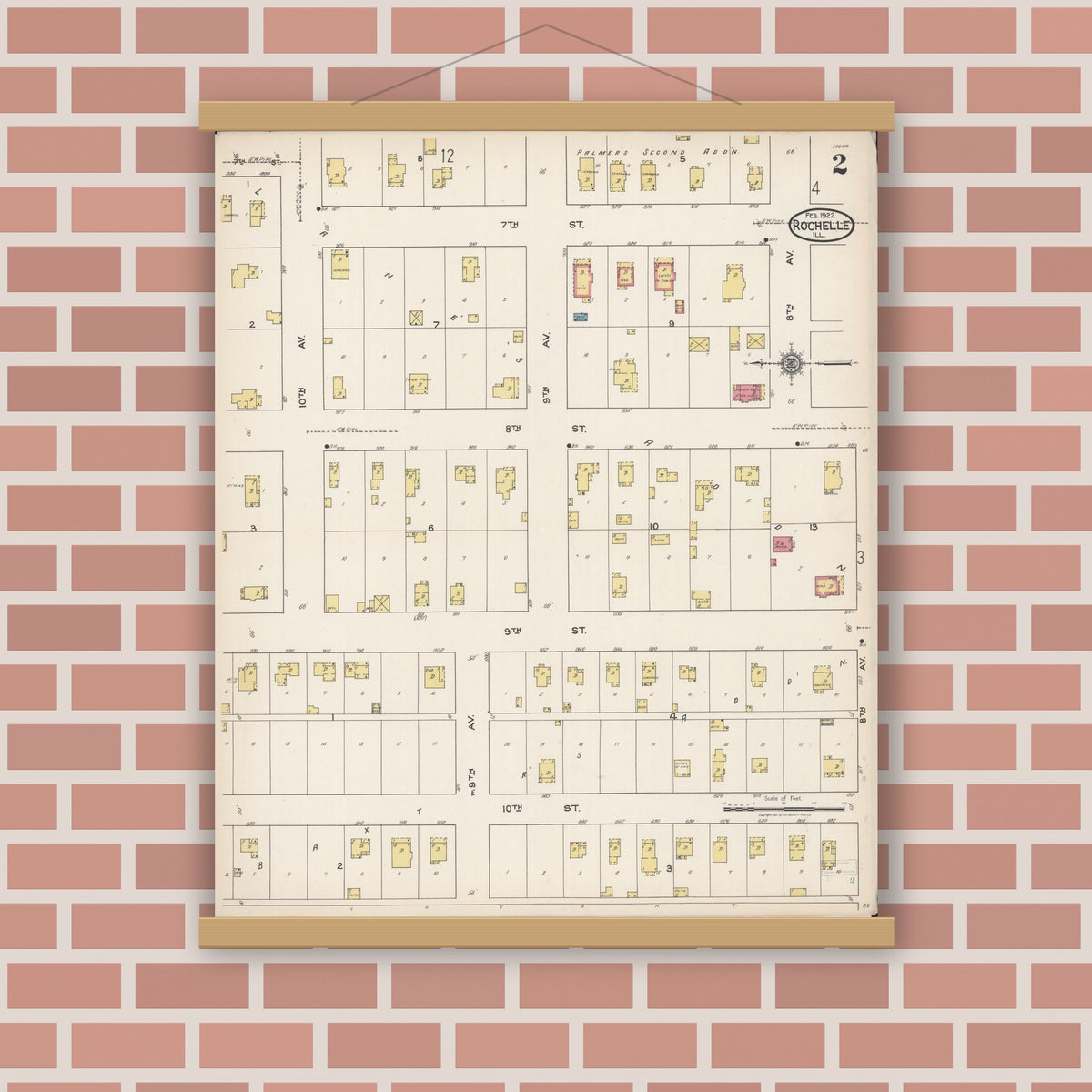 Old map wall art mockup — magnetic wood frame on brick wall — Sanborn Fire Insurance Map from Rochelle, Ogle County, Illinois (1922), Sheet #0002
