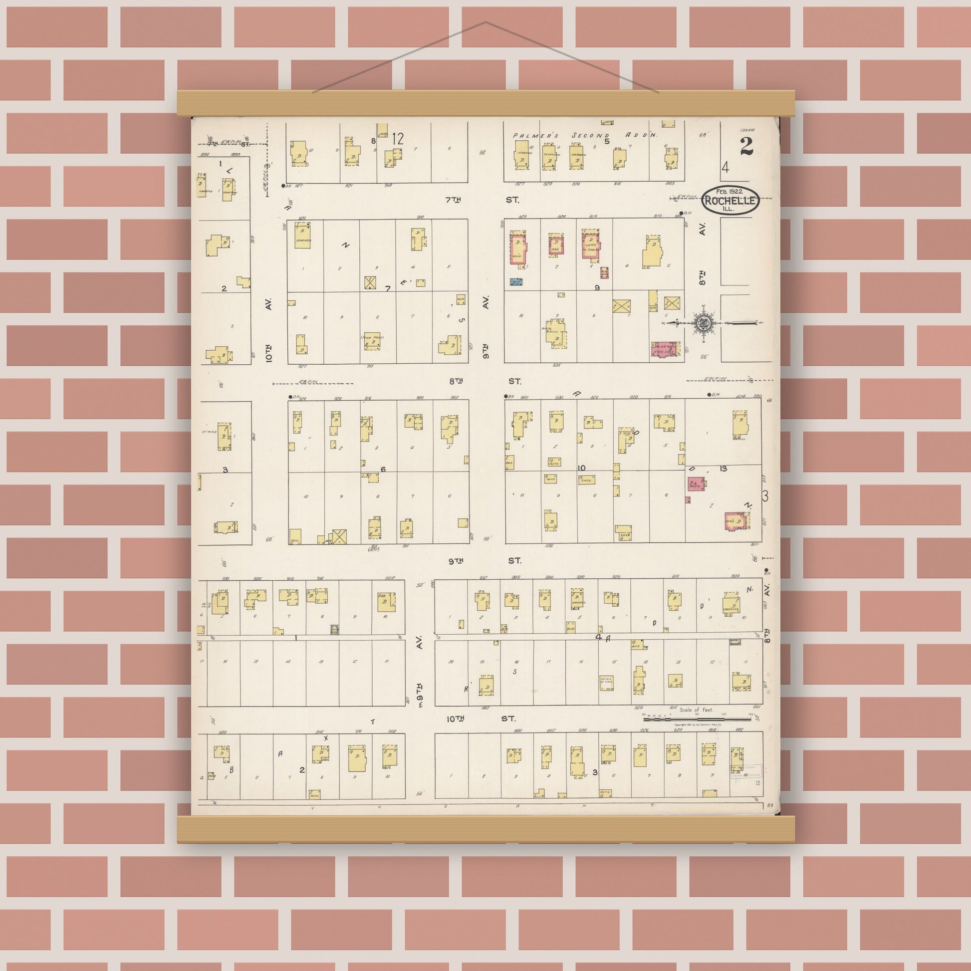 Old map wall art mockup — magnetic wood frame on brick wall — Sanborn Fire Insurance Map from Rochelle, Ogle County, Illinois (1922), Sheet #0002