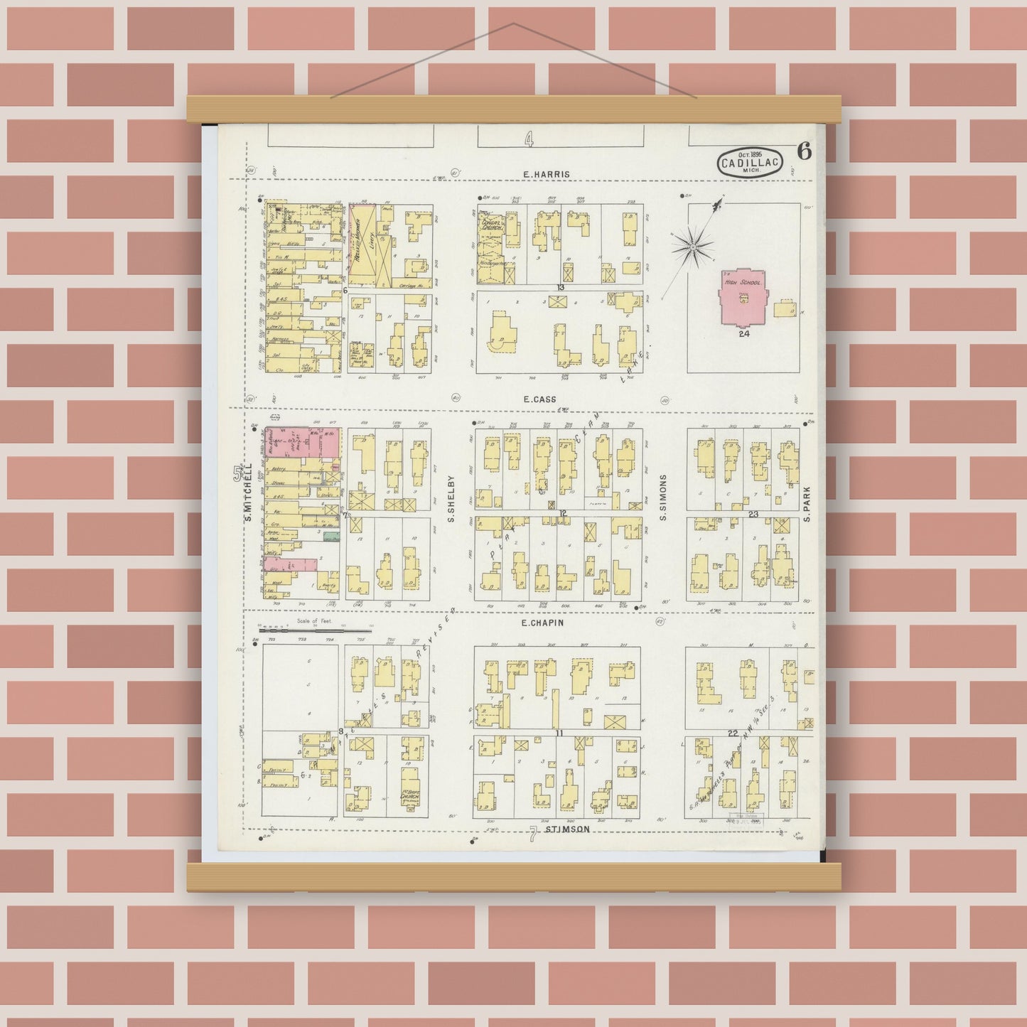 Old map wall art mockup — magnetic wood frame on brick wall — Sanborn Fire Insurance Map from Cadillac, Wexford County, Michigan (1895), Sheet #0006