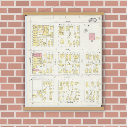 Old map wall art mockup — magnetic wood frame on brick wall — Sanborn Fire Insurance Map from Cadillac, Wexford County, Michigan (1895), Sheet #0006