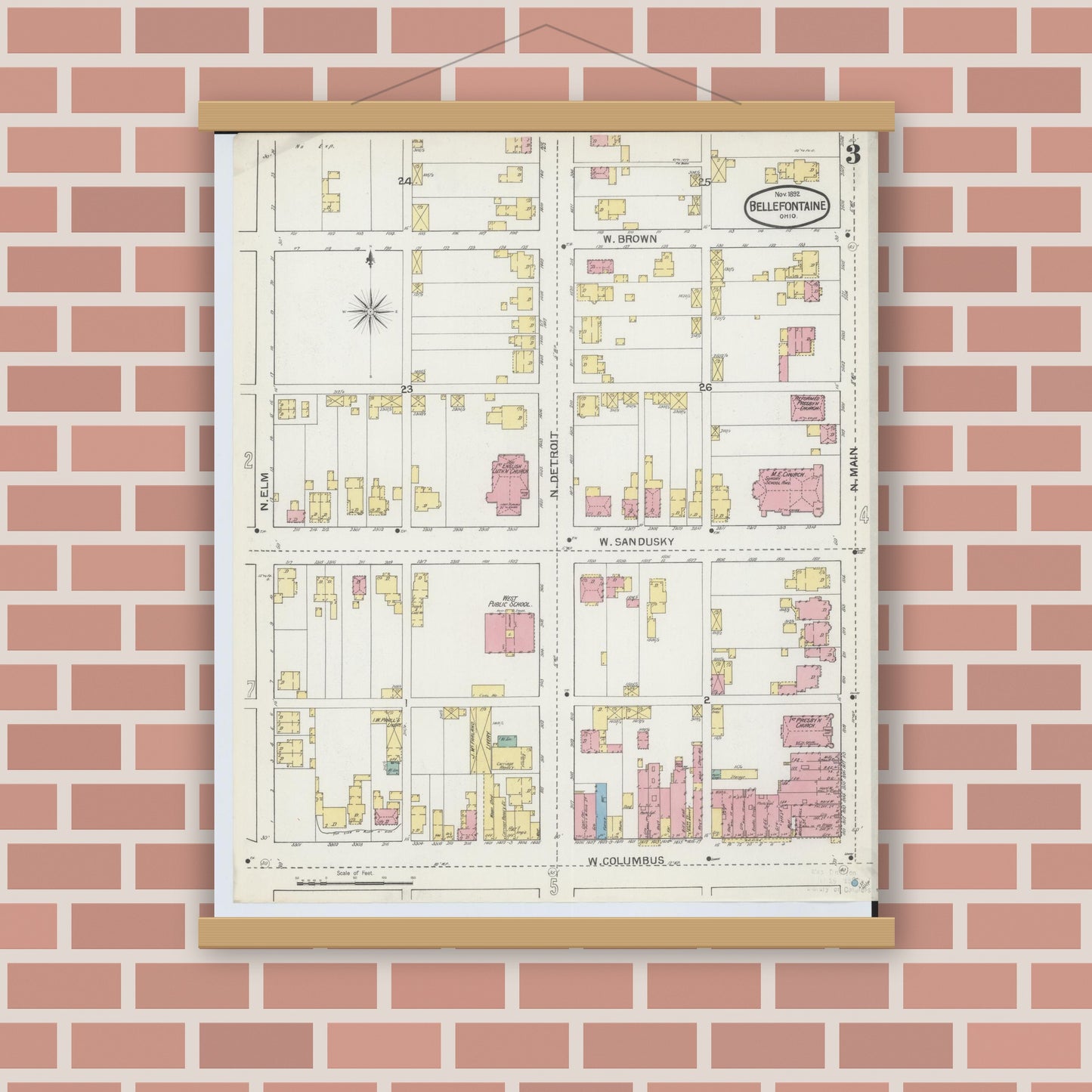 Old map wall art mockup — magnetic wood frame on brick wall — Sanborn Fire Insurance Map from Bellefontaine, Logan County, Ohio (1892), Sheet #0003