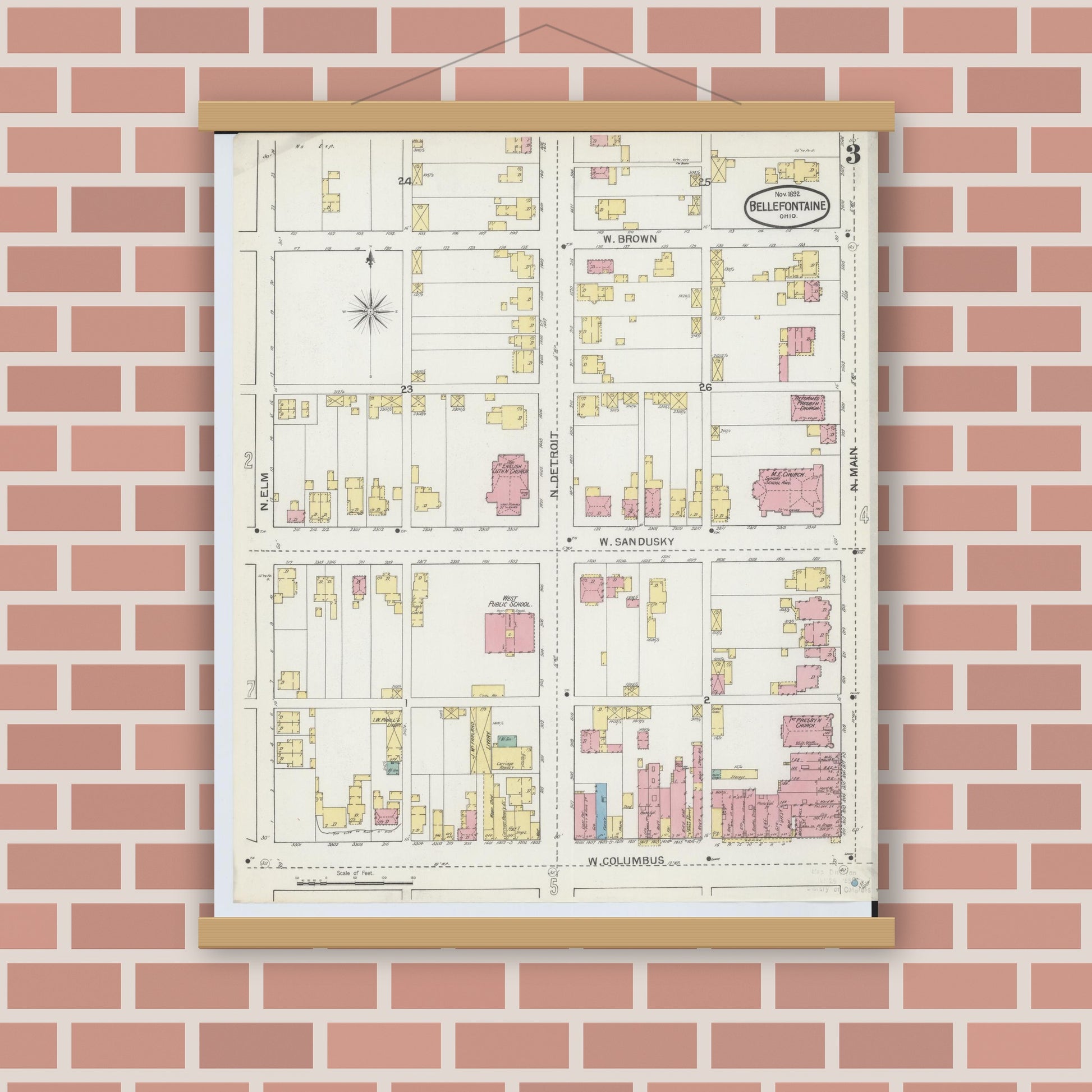 Old map wall art mockup — magnetic wood frame on brick wall — Sanborn Fire Insurance Map from Bellefontaine, Logan County, Ohio (1892), Sheet #0003