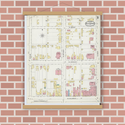 Old map wall art mockup — magnetic wood frame on brick wall — Sanborn Fire Insurance Map from Bellefontaine, Logan County, Ohio (1892), Sheet #0003
