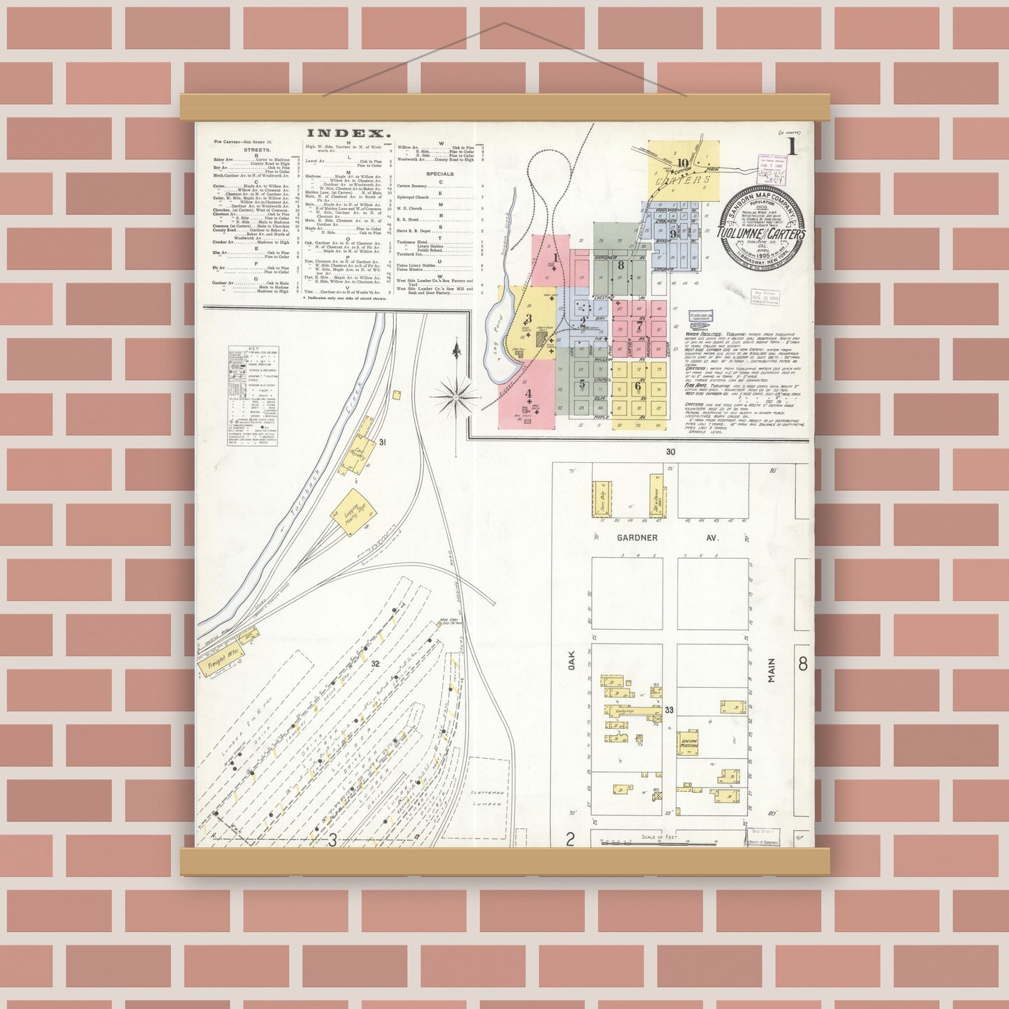 Old map wall art mockup — magnetic wood frame on brick wall — Sanborn Fire Insurance Map from Tuolumne, Tuolumne County, California (1905) - Complete Map Set