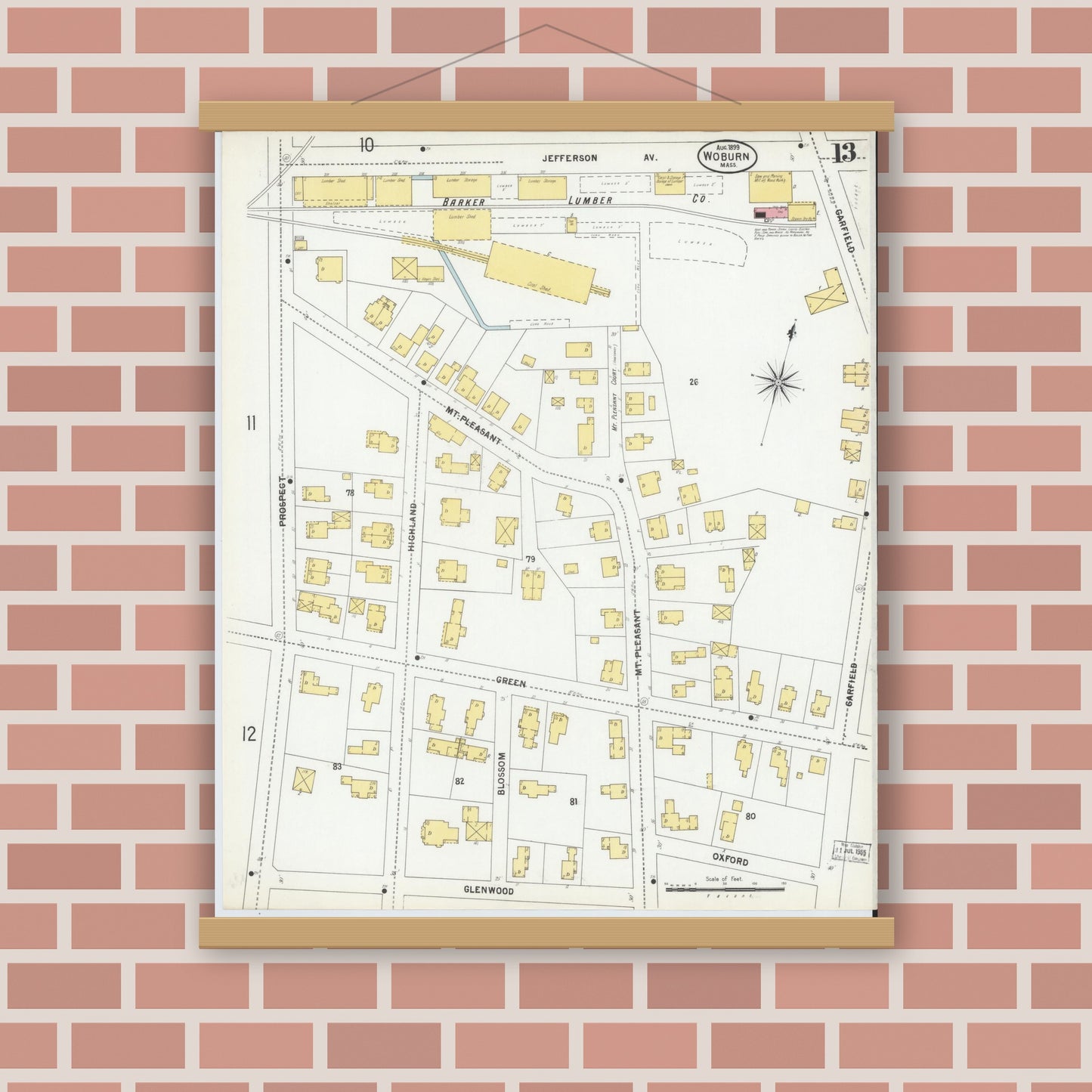 Old map wall art mockup — magnetic wood frame on brick wall — Sanborn Fire Insurance Map from Woburn, Middlesex County, Massachusetts (1899), Sheet #0013