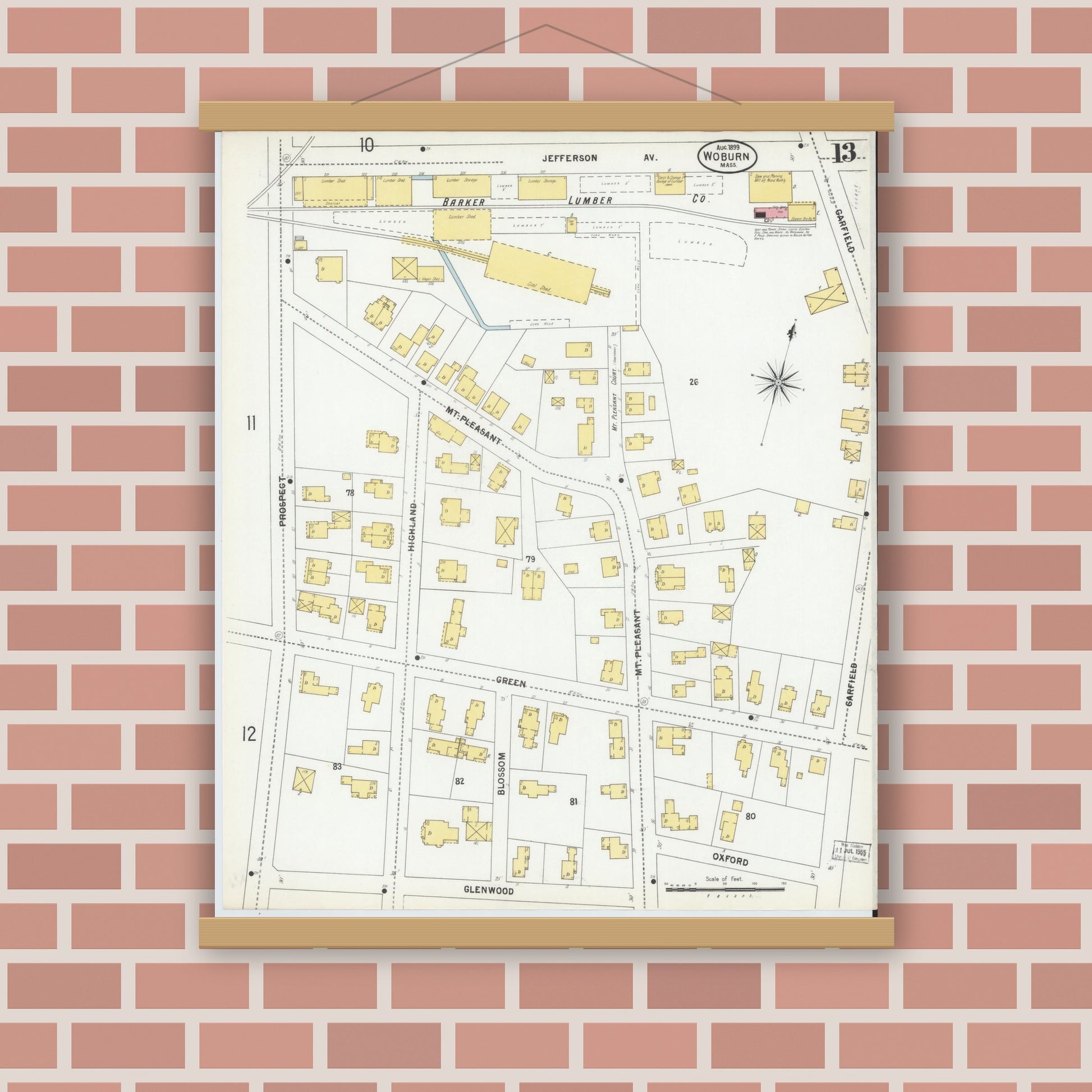 Old map wall art mockup — magnetic wood frame on brick wall — Sanborn Fire Insurance Map from Woburn, Middlesex County, Massachusetts (1899), Sheet #0013