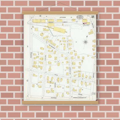 Old map wall art mockup — magnetic wood frame on brick wall — Sanborn Fire Insurance Map from Woburn, Middlesex County, Massachusetts (1899), Sheet #0013