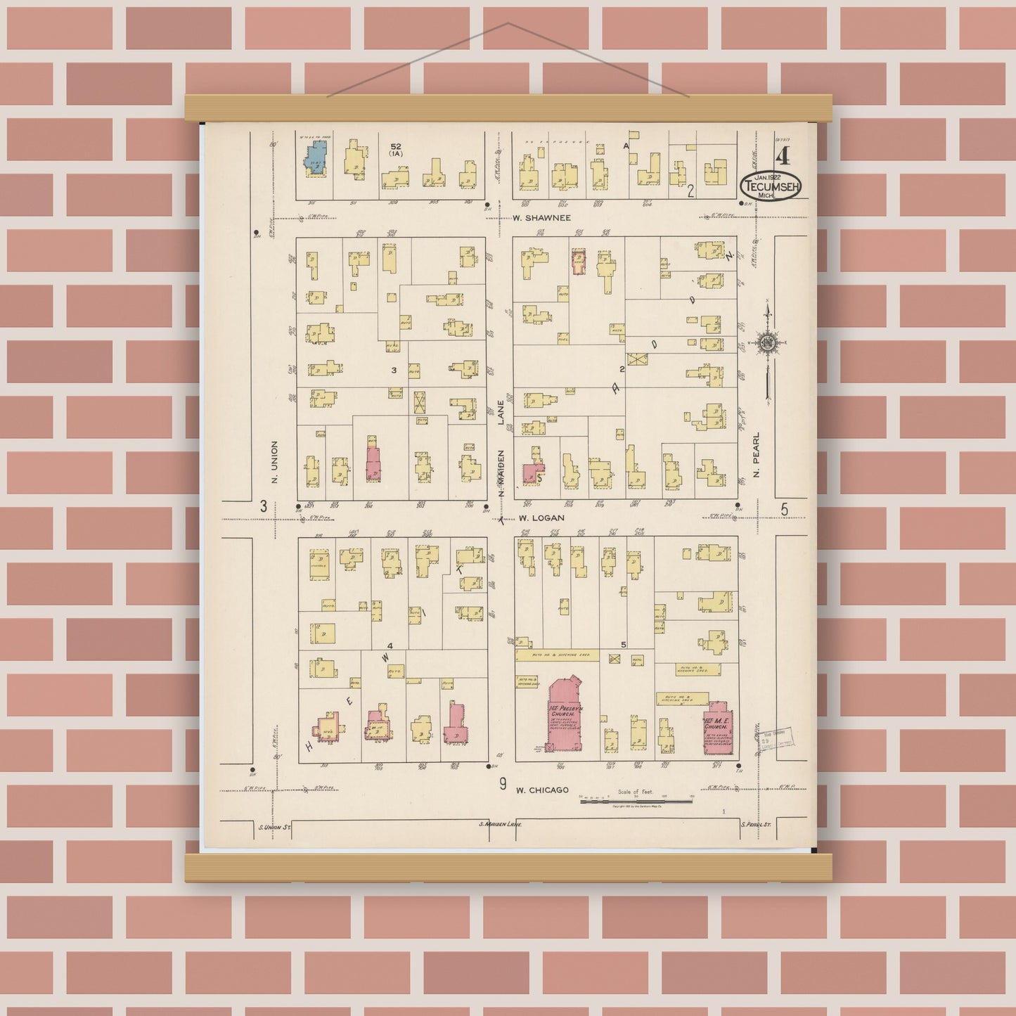 Old map wall art mockup — magnetic wood frame on brick wall — Sanborn Fire Insurance Map from Tecumseh, Lenawee County, Michigan (1922), Sheet #0004