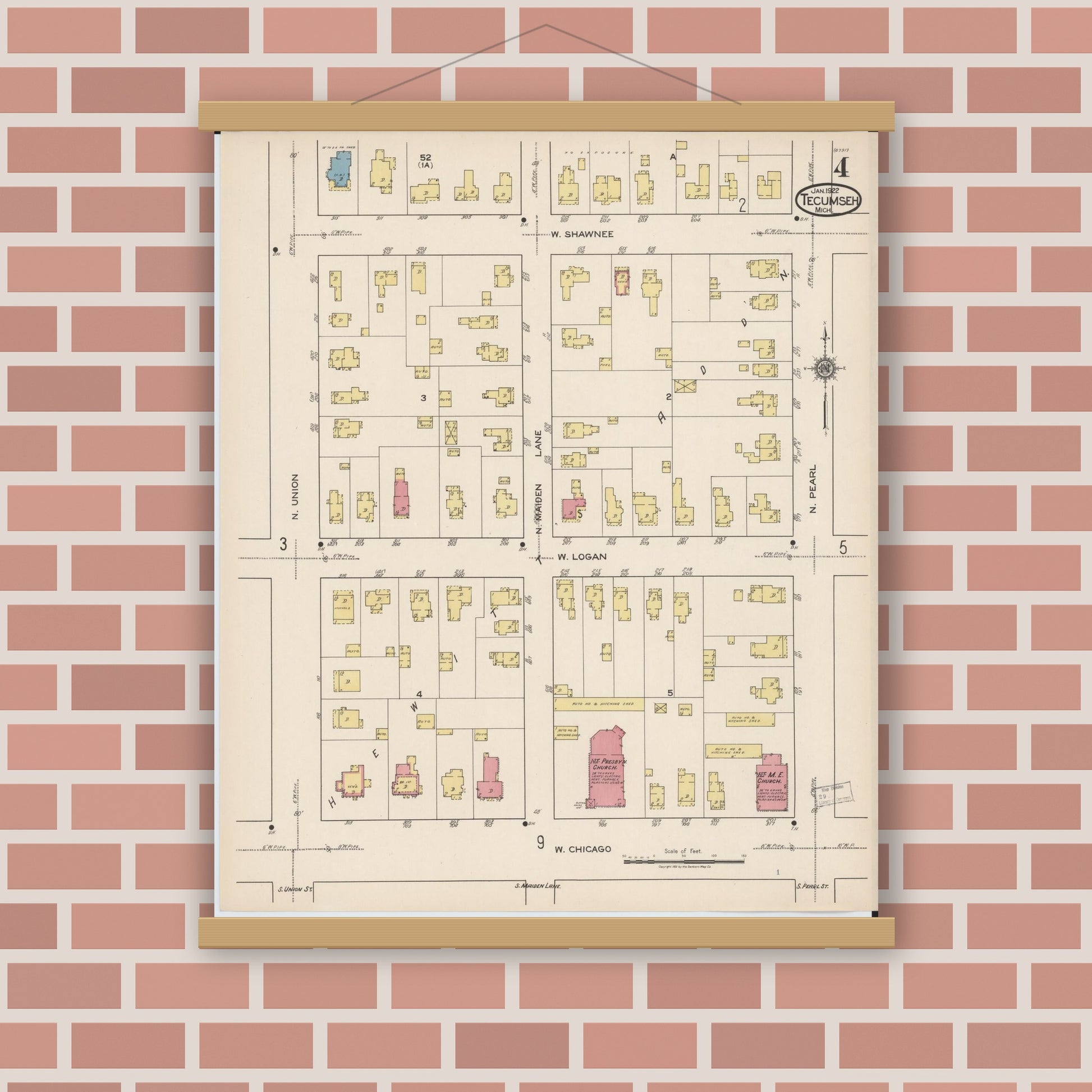 Old map wall art mockup — magnetic wood frame on brick wall — Sanborn Fire Insurance Map from Tecumseh, Lenawee County, Michigan (1922), Sheet #0004