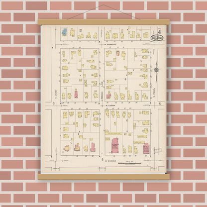 Old map wall art mockup — magnetic wood frame on brick wall — Sanborn Fire Insurance Map from Tecumseh, Lenawee County, Michigan (1922), Sheet #0004