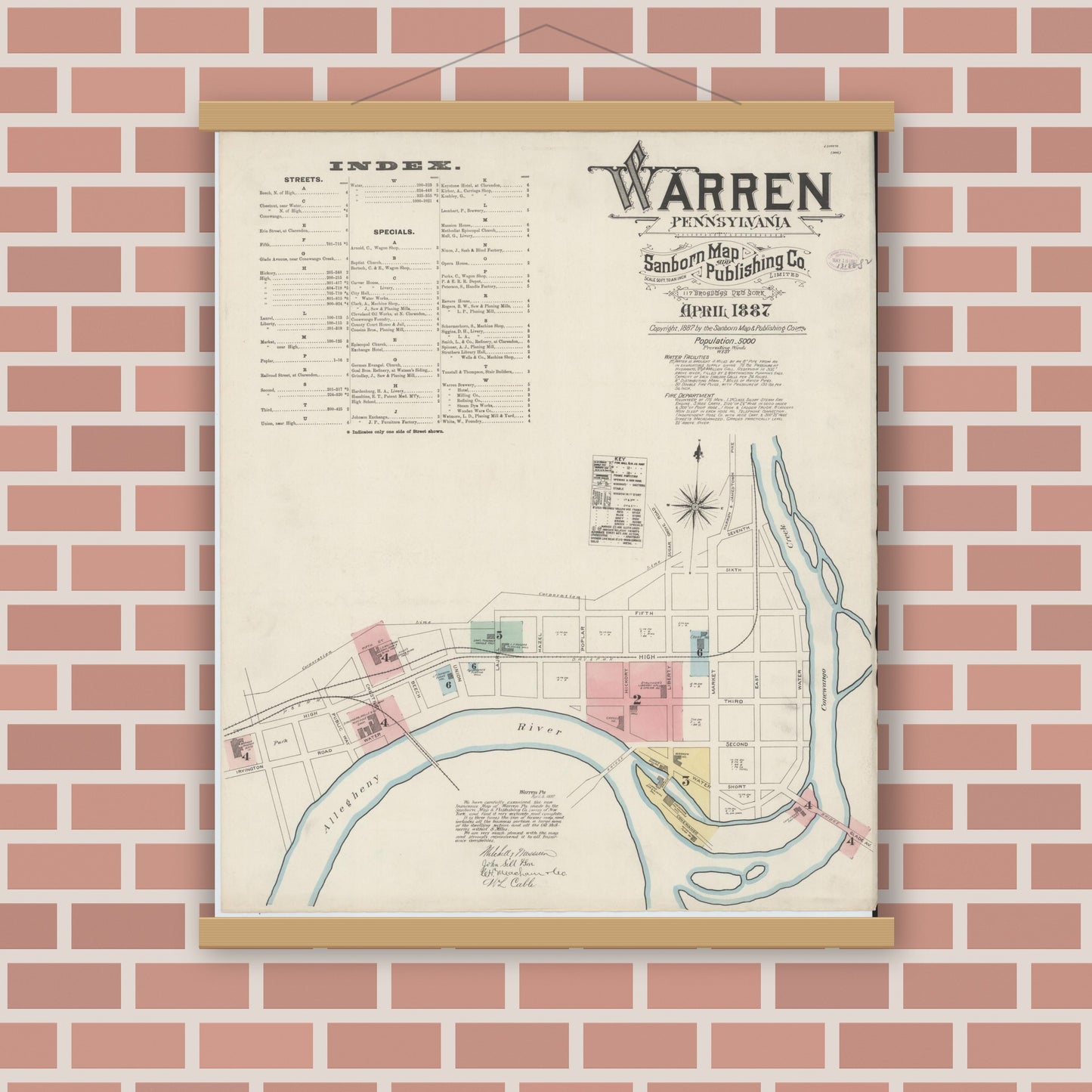 Old map wall art mockup — magnetic wood frame on brick wall — Sanborn Fire Insurance Map from Warren, Warren County, Pennsylvania (1887), Sheet #0001