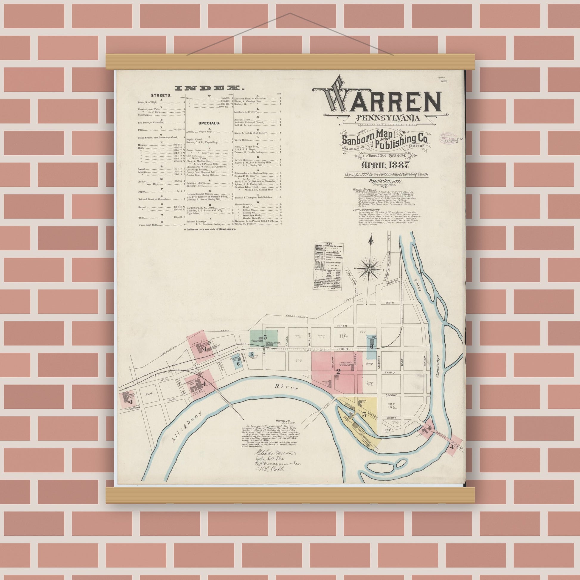 Old map wall art mockup — magnetic wood frame on brick wall — Sanborn Fire Insurance Map from Warren, Warren County, Pennsylvania (1887), Sheet #0001