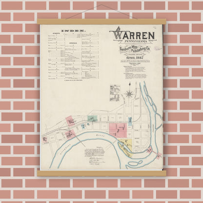 Old map wall art mockup — magnetic wood frame on brick wall — Sanborn Fire Insurance Map from Warren, Warren County, Pennsylvania (1887), Sheet #0001