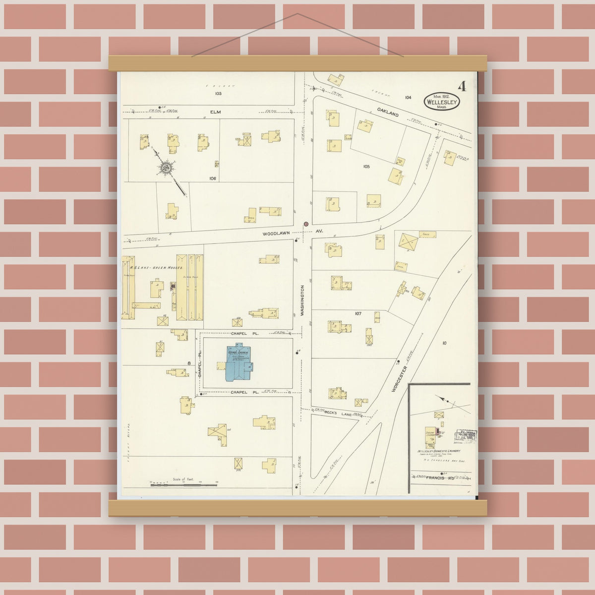 Old map wall art mockup — magnetic wood frame on brick wall — Sanborn Fire Insurance Map from Wellesley, Norfolk County, Massachusetts (1912), Sheet #0004