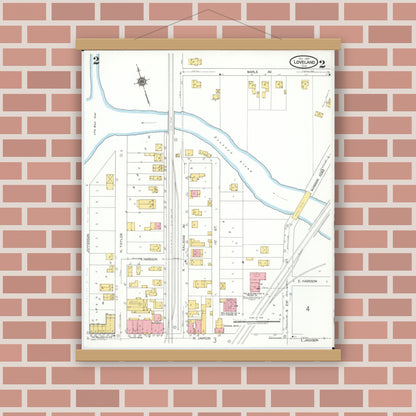 Old map wall art mockup — magnetic wood frame on brick wall — Sanborn Fire Insurance Map from Loveland, Clermont, Hamilton, And Warren County, Ohio (1923), Sheet #0002