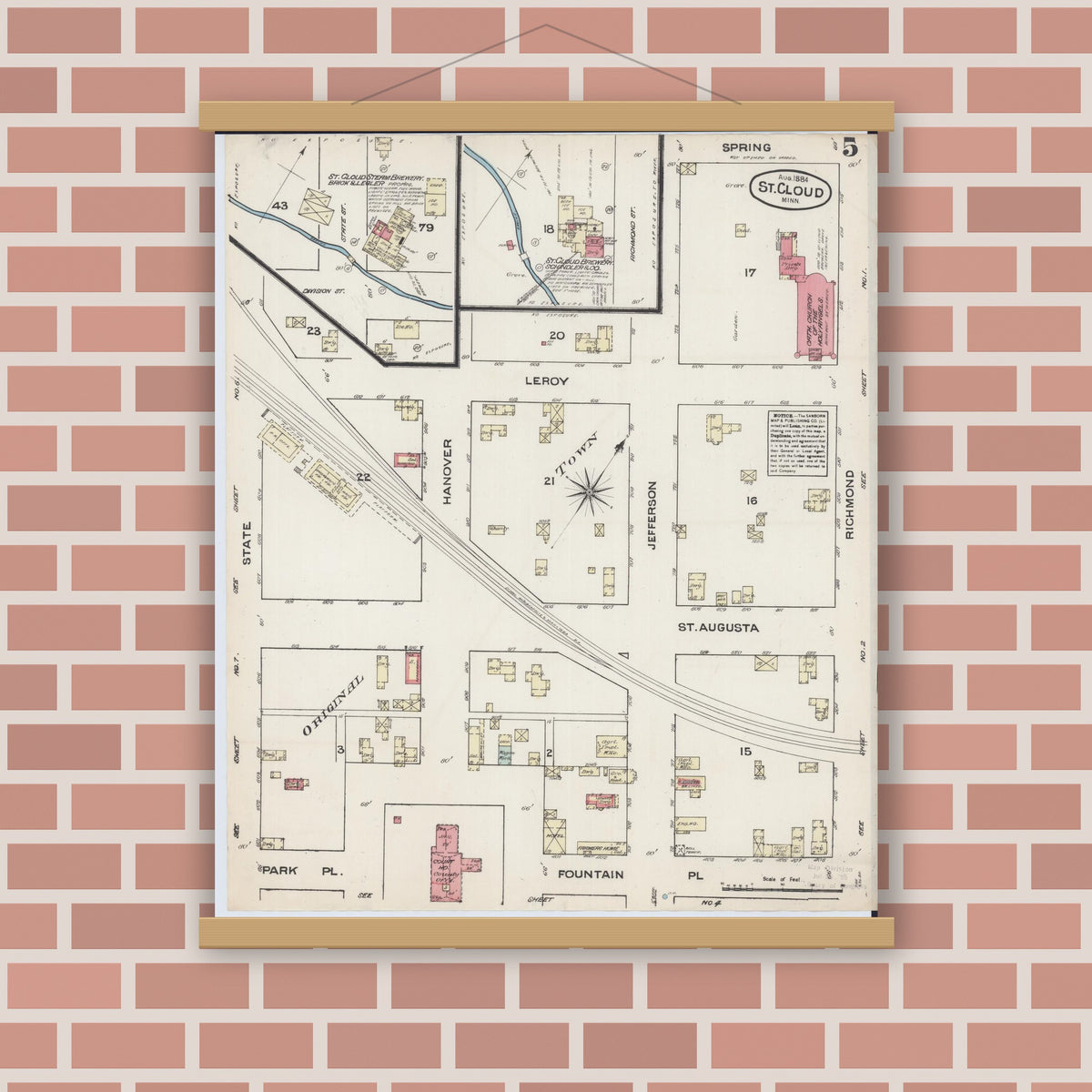 Old map wall art mockup — magnetic wood frame on brick wall — Sanborn Fire Insurance Map from Saint Cloud, Stearns, Benton, and Sherburne Counties, Minnesota (1884), Sheet #0005