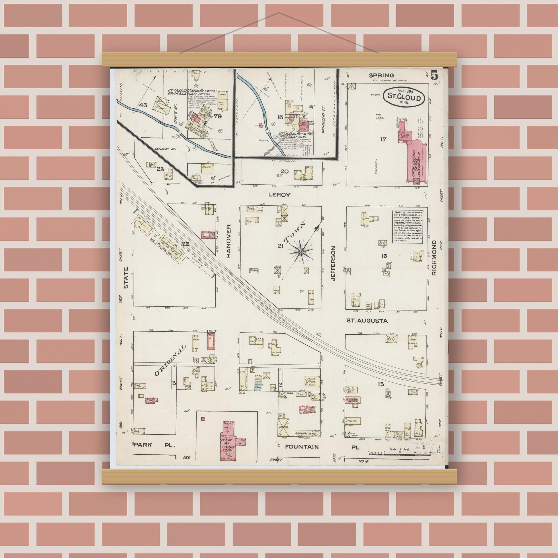 Old map wall art mockup — magnetic wood frame on brick wall — Sanborn Fire Insurance Map from Saint Cloud, Stearns, Benton, and Sherburne Counties, Minnesota (1884), Sheet #0005