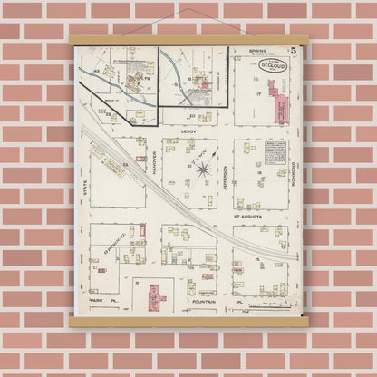 Old map wall art mockup — magnetic wood frame on brick wall — Sanborn Fire Insurance Map from Saint Cloud, Stearns, Benton, and Sherburne Counties, Minnesota (1884), Sheet #0005