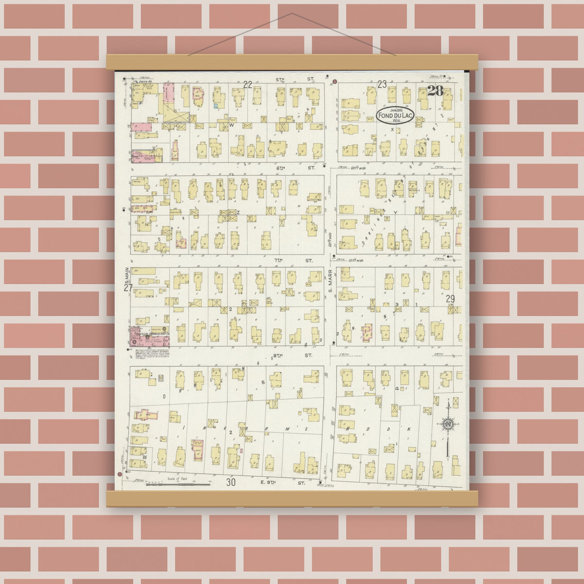 Old map wall art mockup — magnetic wood frame on brick wall — Sanborn Fire Insurance Map from Fond du Lac, Fond du Lac County, Wisconsin (1915), Sheet #0028