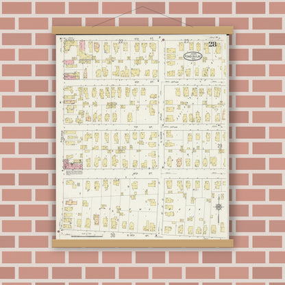Old map wall art mockup — magnetic wood frame on brick wall — Sanborn Fire Insurance Map from Fond du Lac, Fond du Lac County, Wisconsin (1915), Sheet #0028