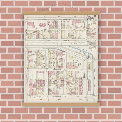 Old map wall art mockup — magnetic wood frame on brick wall — Sanborn Fire Insurance Map from Holyoke, Hampden County, Massachusetts (1884), Sheet #0008