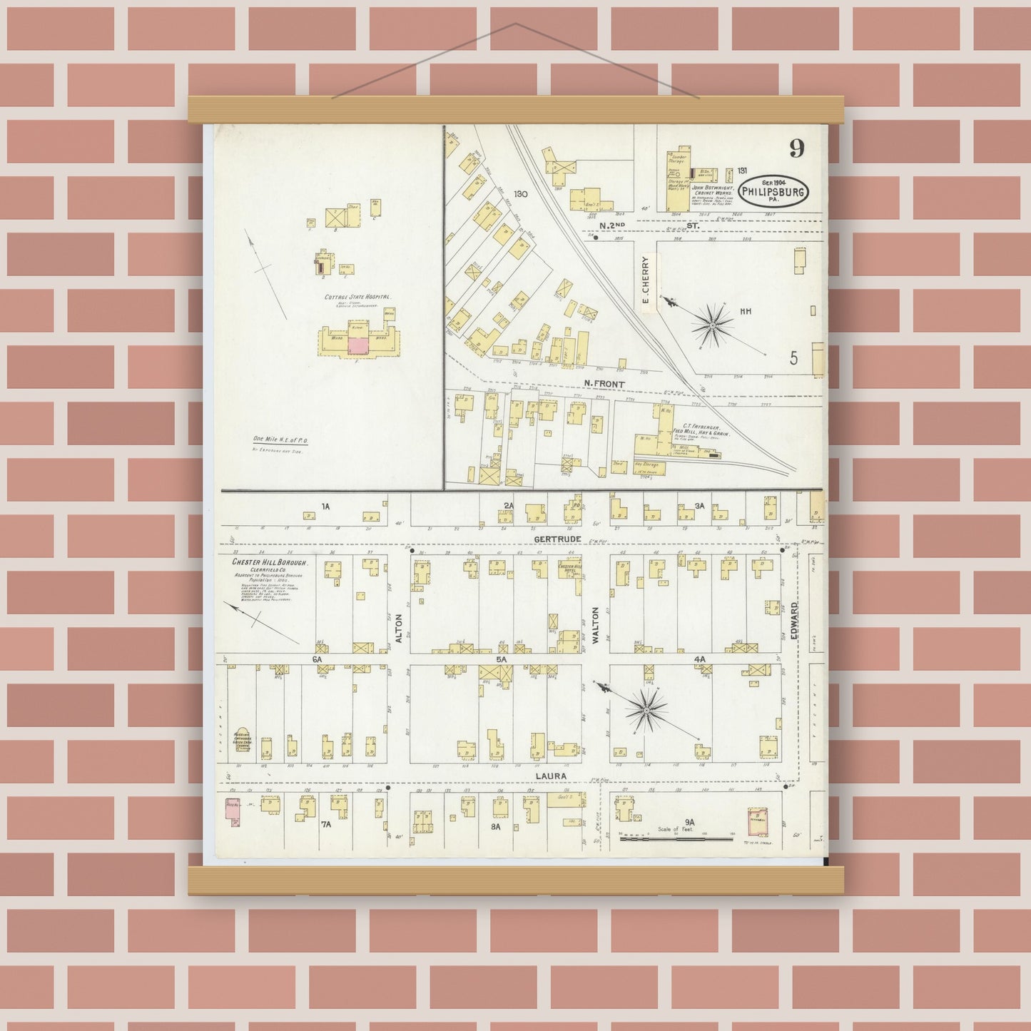 Old map wall art mockup — magnetic wood frame on brick wall — Sanborn Fire Insurance Map from Philipsburg, Centre County, Pennsylvania (1904), Sheet #0009