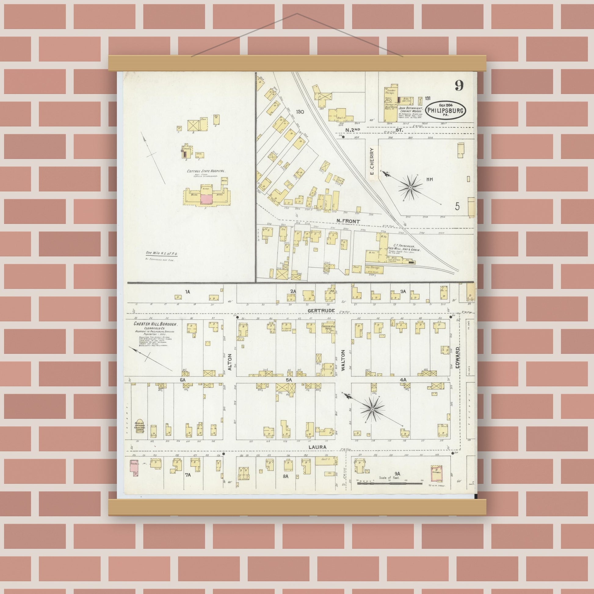 Old map wall art mockup — magnetic wood frame on brick wall — Sanborn Fire Insurance Map from Philipsburg, Centre County, Pennsylvania (1904), Sheet #0009