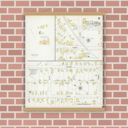 Old map wall art mockup — magnetic wood frame on brick wall — Sanborn Fire Insurance Map from Philipsburg, Centre County, Pennsylvania (1904), Sheet #0009