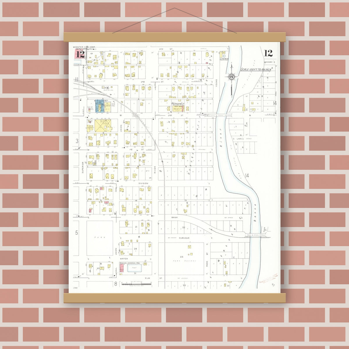Old map wall art mockup — magnetic wood frame on brick wall — Sanborn Fire Insurance Map from Webster City, Hamilton County, Iowa (1938), Sheet #0012