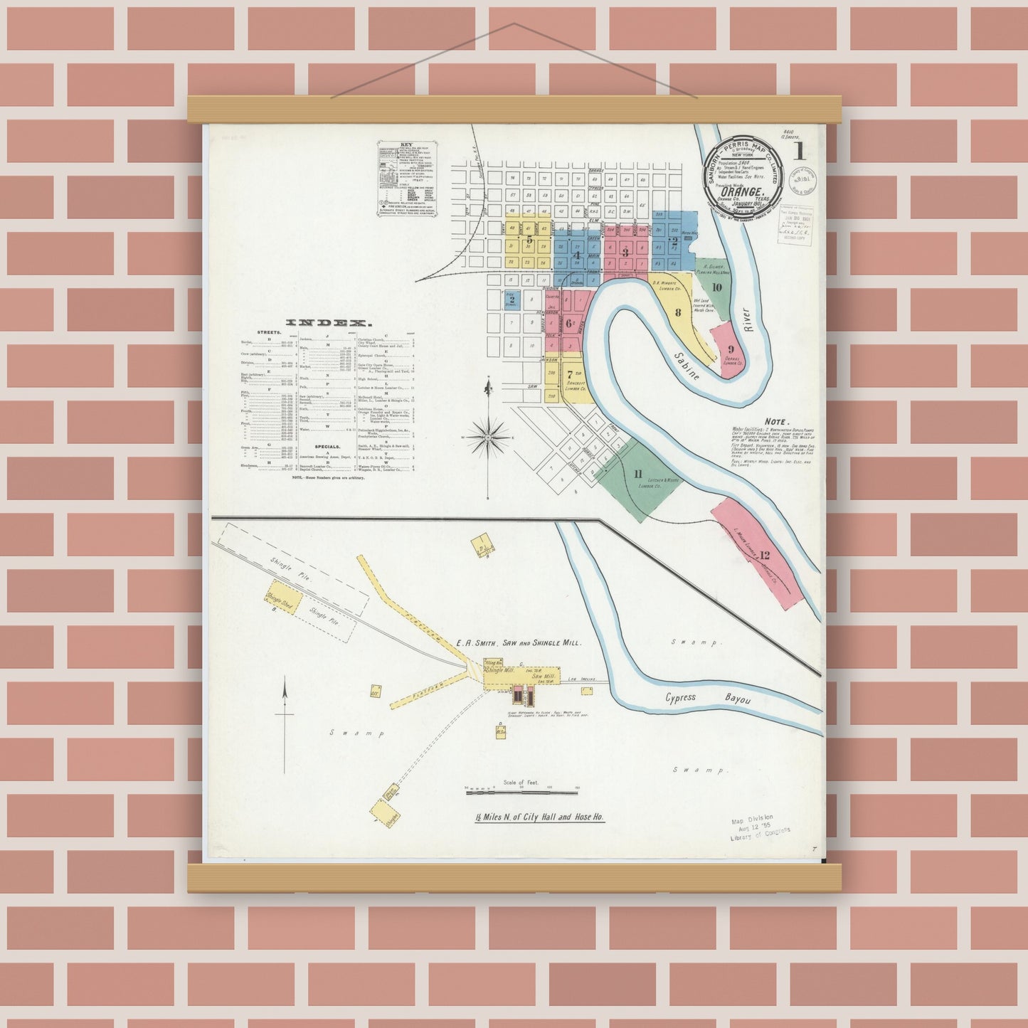 Old map wall art mockup — magnetic wood frame on brick wall — Sanborn Fire Insurance Map from Orange, Orange County, Texas (1901), Sheet #0001