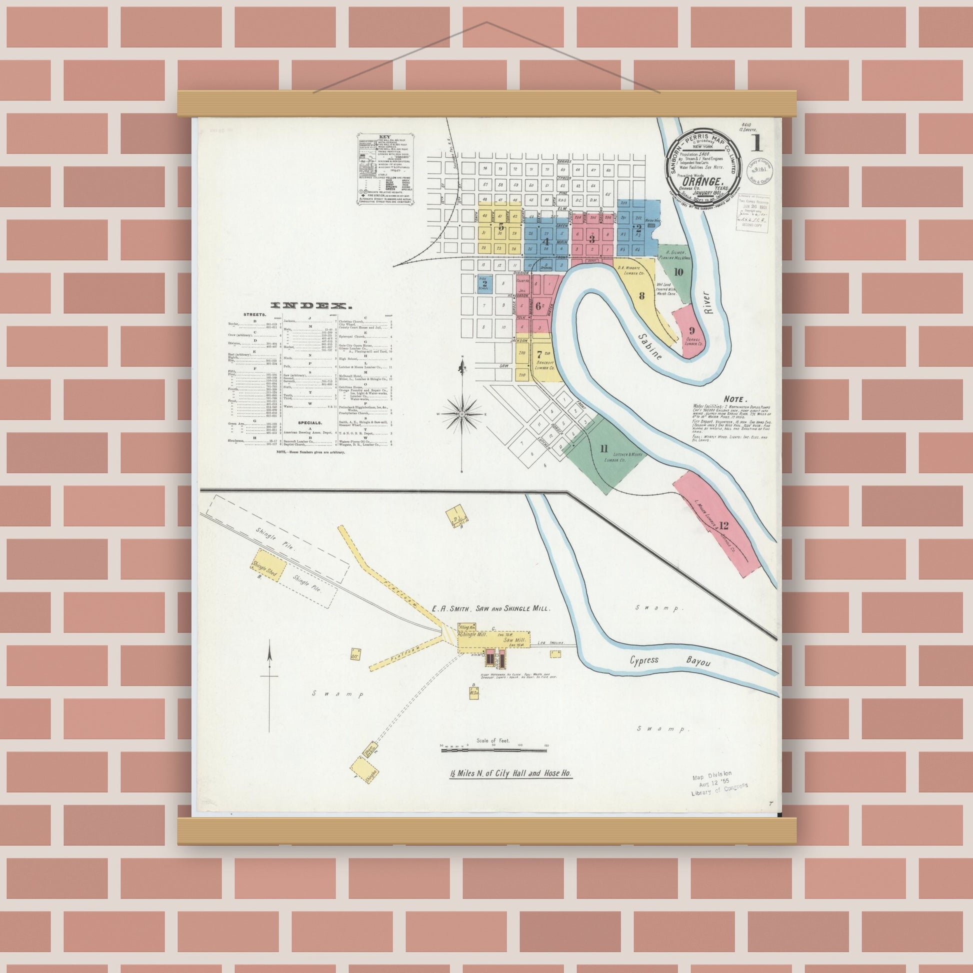 Old map wall art mockup — magnetic wood frame on brick wall — Sanborn Fire Insurance Map from Orange, Orange County, Texas (1901), Sheet #0001