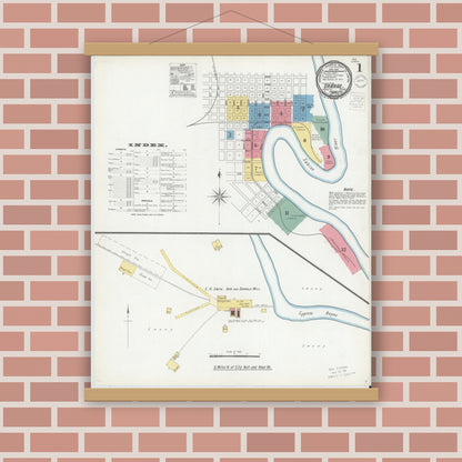 Old map wall art mockup — magnetic wood frame on brick wall — Sanborn Fire Insurance Map from Orange, Orange County, Texas (1901), Sheet #0001