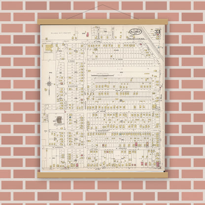 Old map wall art mockup — magnetic wood frame on brick wall — Sanborn Fire Insurance Map from Alliance, Stark County, Ohio (1921), Sheet #0034