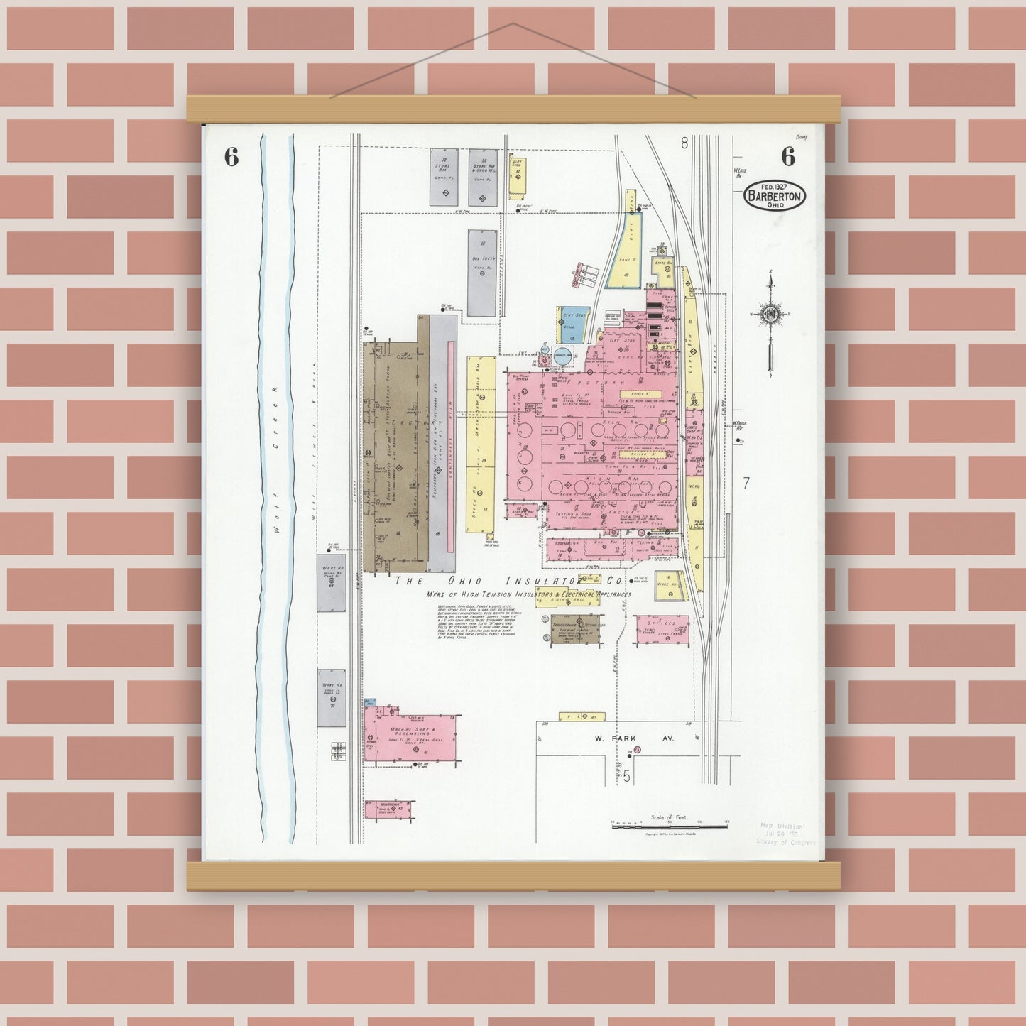 Old map wall art mockup — magnetic wood frame on brick wall — Sanborn Fire Insurance Map from Barberton, Summit County, Ohio (1927), Sheet #0006