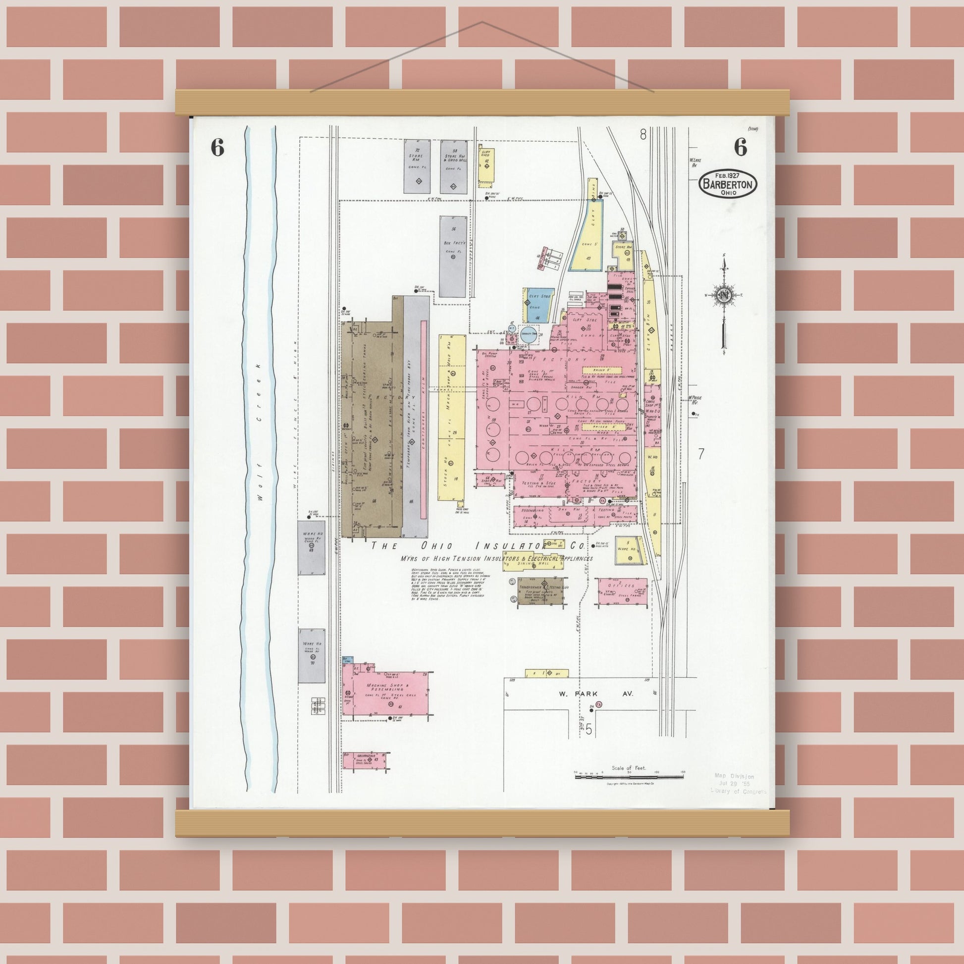 Old map wall art mockup — magnetic wood frame on brick wall — Sanborn Fire Insurance Map from Barberton, Summit County, Ohio (1927), Sheet #0006