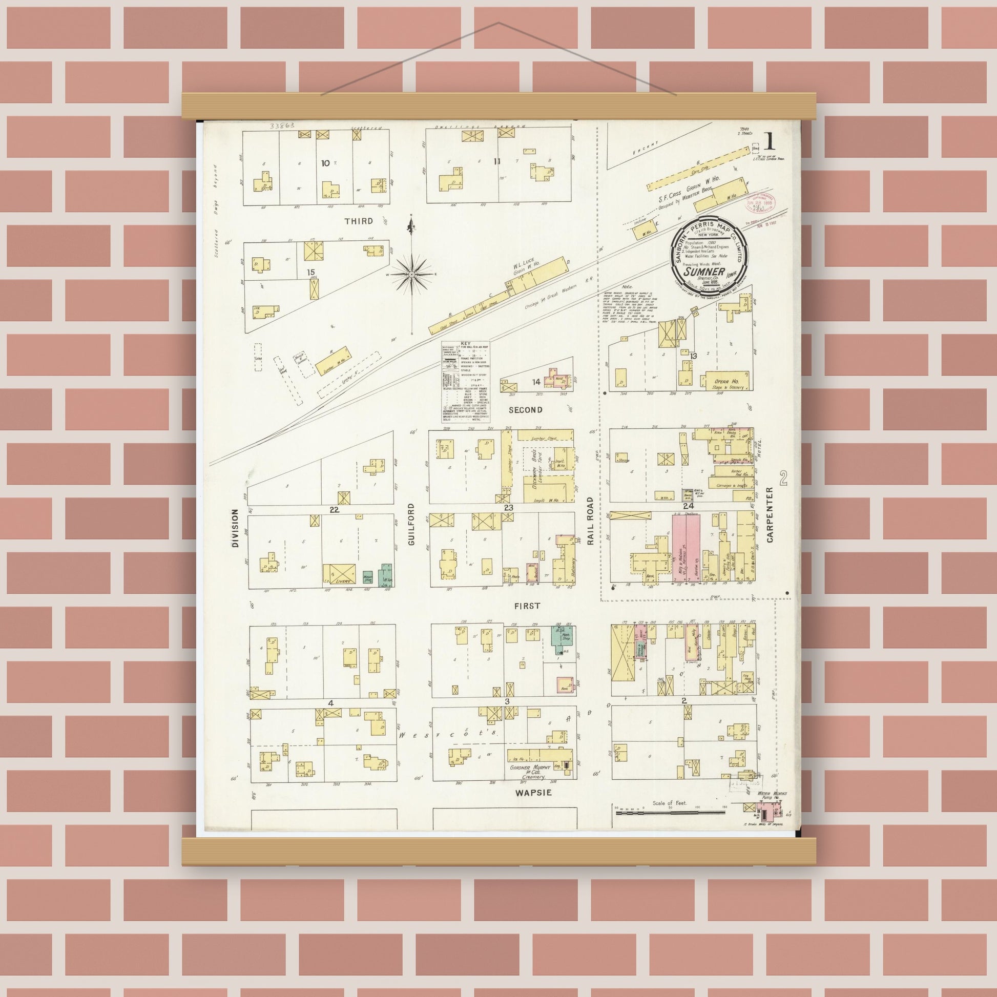 Old map wall art mockup — magnetic wood frame on brick wall — Sanborn Fire Insurance Map from Sumner, Bremer County, Iowa (1895), Sheet #0001