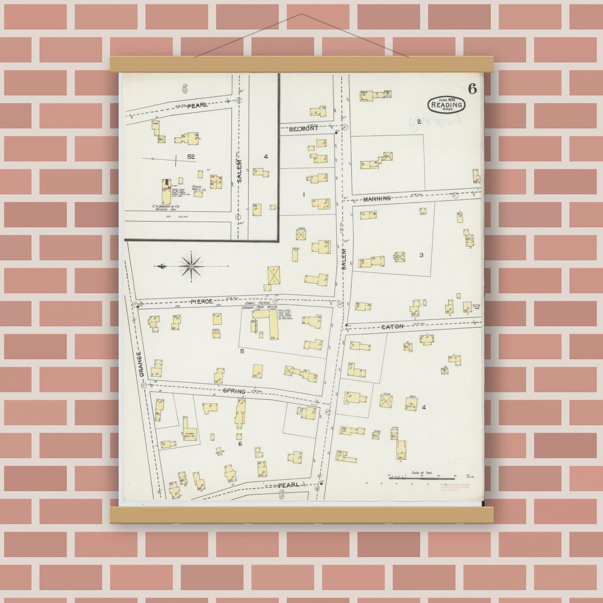 Old map wall art mockup — magnetic wood frame on brick wall — Sanborn Fire Insurance Map from Reading, Middlesex County, Massachusetts (1892), Sheet #0006