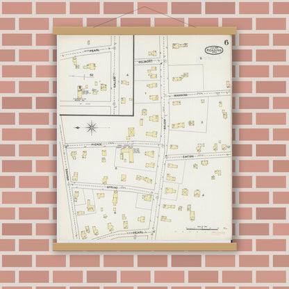 Old map wall art mockup — magnetic wood frame on brick wall — Sanborn Fire Insurance Map from Reading, Middlesex County, Massachusetts (1892), Sheet #0006