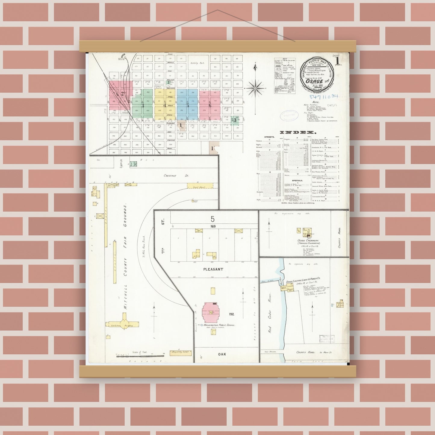 Old map wall art mockup — magnetic wood frame on brick wall — Sanborn Fire Insurance Map from Osage, Mitchell County, Iowa (1897) â€” Complete Set